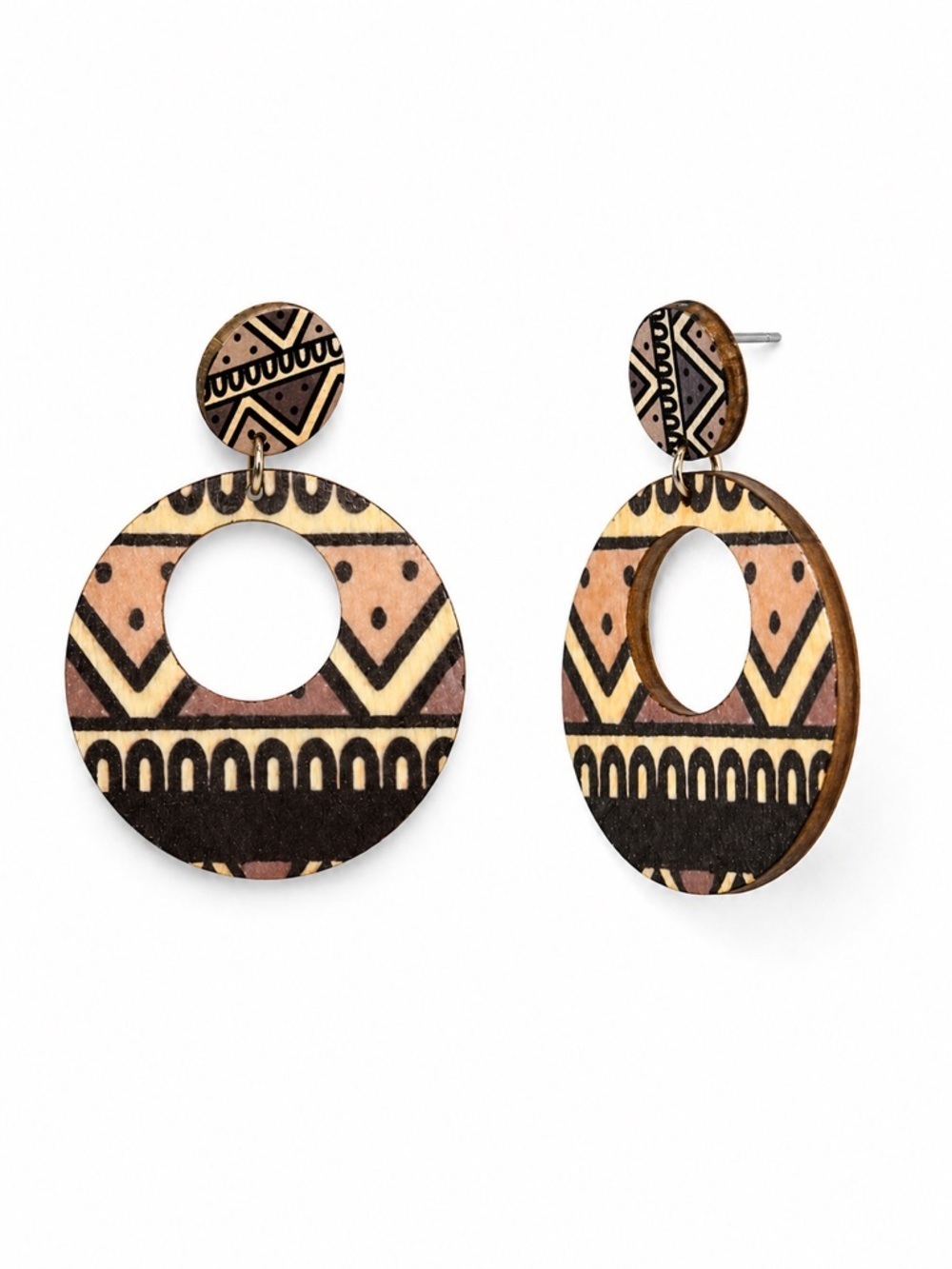 Boho Wooden Geometric Cutout Drop Earrings Tribal Print